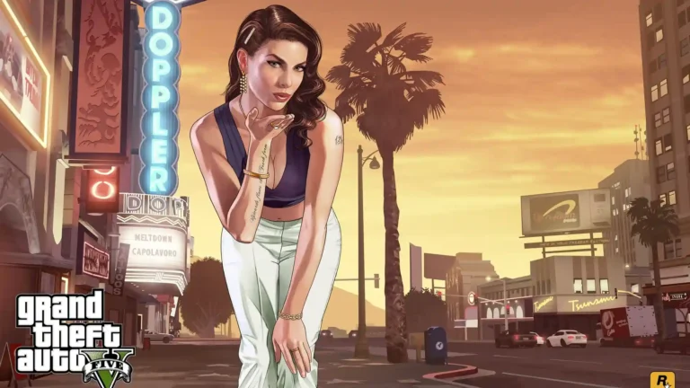GTA V woman posing on a Vinewood street with palm trees, neon signs, and a golden sunset wallpaper.