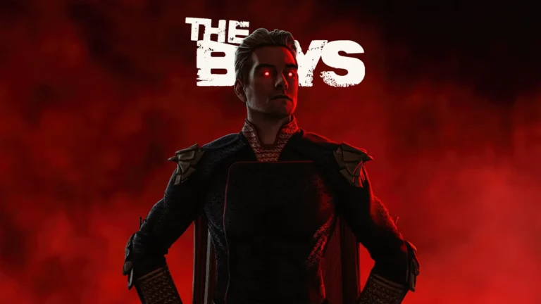 Homelander from The Boys with glowing red eyes, dark superhero suit, and dramatic red background wallpaper.