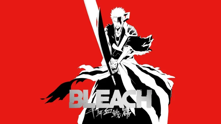 Ichigo Kurosaki from Bleach wielding his massive sword in dramatic black and white anime artwork against a vibrant red background with Bleach typography wallpaper.