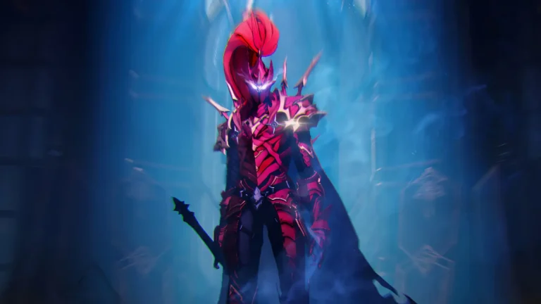 Igris the Bloodred Knight from Solo Leveling Arise wearing crimson red armor with a glowing helmet, dark cape, and sword surrounded by blue mist wallpaper.