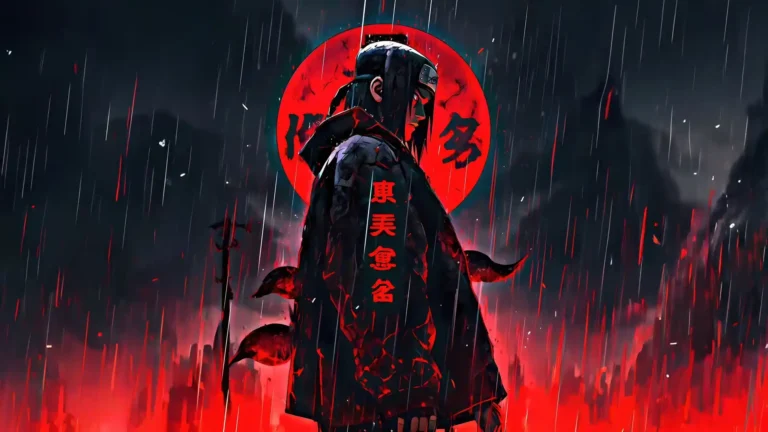 Itachi Uchiha from Naruto wearing his iconic black Akatsuki cloak with red Japanese lettering, standing beneath a glowing crimson moon amid heavy rain and dark shadows wallpaper.