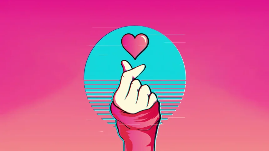 Cute Korean finger heart hand gesture with a floating pink heart, turquoise retro sunset circle, and vibrant pink gradient background aesthetic wallpaper.