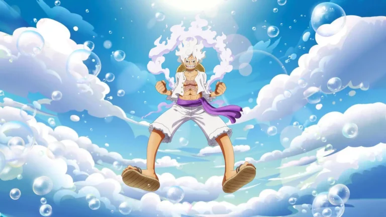 Luffy Gear 5 Sun God Nika standing among bright white clouds and floating bubbles under a vivid blue sky wallpaper.