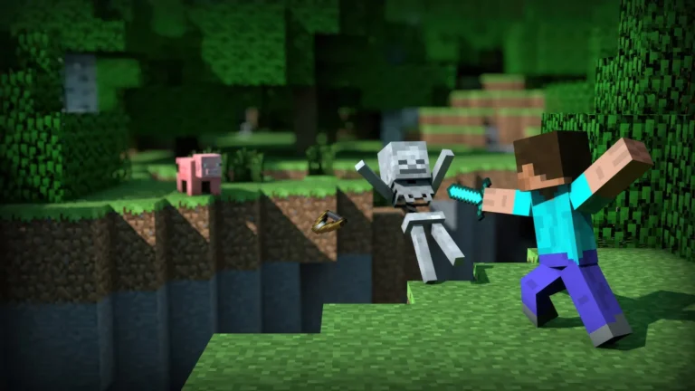 Minecraft Steve attacking a skeleton archer with a glowing diamond sword beside a deep ravine in a lush green blocky forest wallpaper.