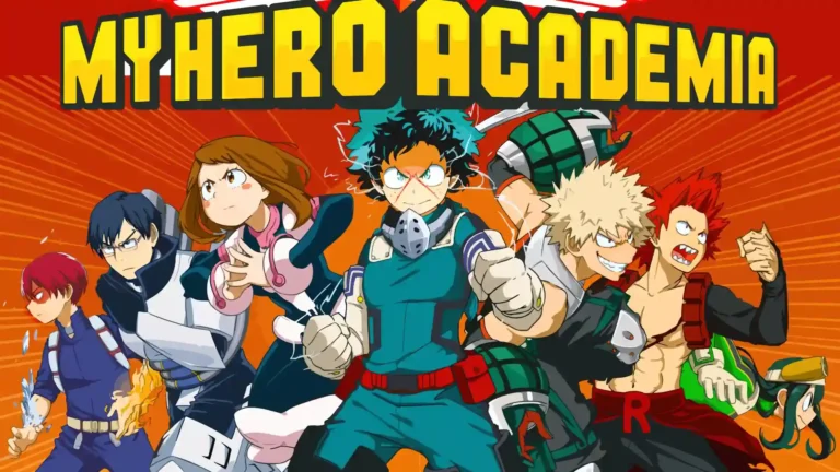 My Hero Academia Class 1-A heroes featuring Izuku Midoriya, Katsuki Bakugo, Shoto Todoroki, Ochaco Uraraka, and other students in action poses against a vibrant orange background wallpaper.