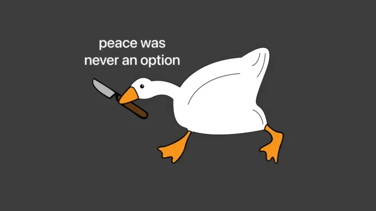 Funny Peace Was Never an Option goose meme featuring a white cartoon goose holding a knife in its beak, orange feet, bold white text, and a minimalist dark gray background wallpaper.