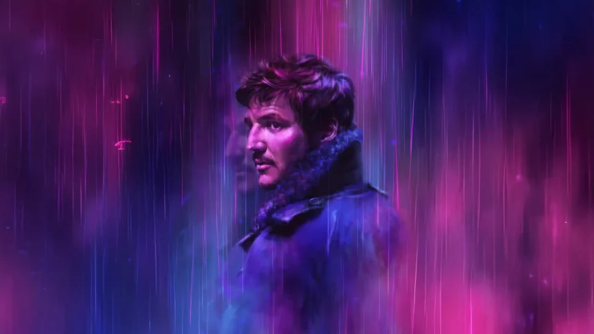 Pedro Pascal as Joel Miller from The Last of Us in a dark jacket with a fur collar, surrounded by purple and pink neon lighting and falling rain wallpaper.