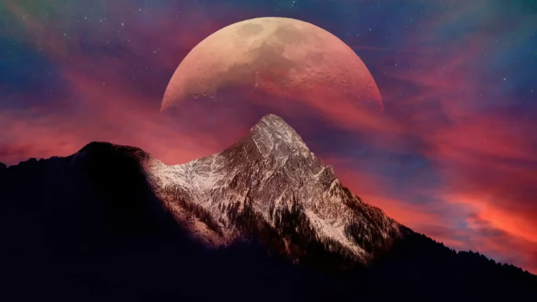 Giant red moon rising behind a snow-covered mountain peak beneath a dramatic pink and purple starry sky with dark forest silhouettes wallpaper.