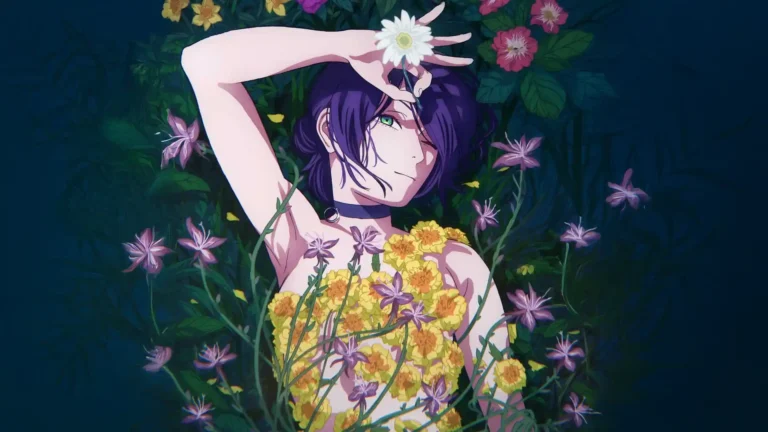 Reze from Chainsaw Man surrounded by colorful flowers and dark green foliage in beautiful floral anime art wallpaper.