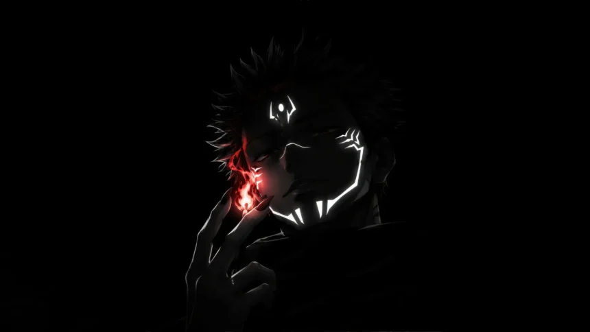 Sukuna Jujutsu Kaisen black minimalist art with glowing white cursed markings and fiery red energy wallpaper.
