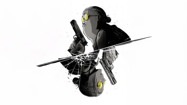 Taro Sakamoto from Sakamoto Days holding dual pistols in black and white minimalist art with yellow glasses wallpaper.