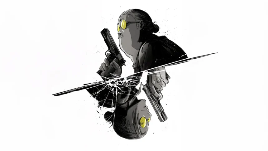 Taro Sakamoto from Sakamoto Days holding dual pistols in black and white minimalist art with yellow glasses wallpaper.
