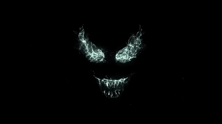 Venom sinister smile minimalist black artwork featuring glowing white electric eyes, a menacing grin with sharp dripping teeth, and a pure black background wallpaper.