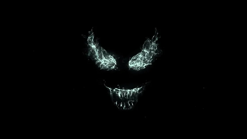 Venom sinister smile minimalist black artwork featuring glowing white electric eyes, a menacing grin with sharp dripping teeth, and a pure black background wallpaper.