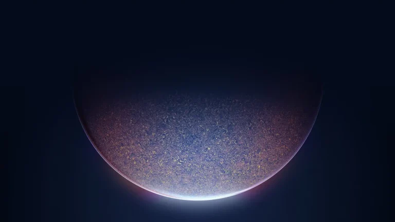 Windows 11 dark abstract planet with intricate golden surface patterns, a glowing blue and purple lower edge, and a deep navy minimalist background wallpaper.